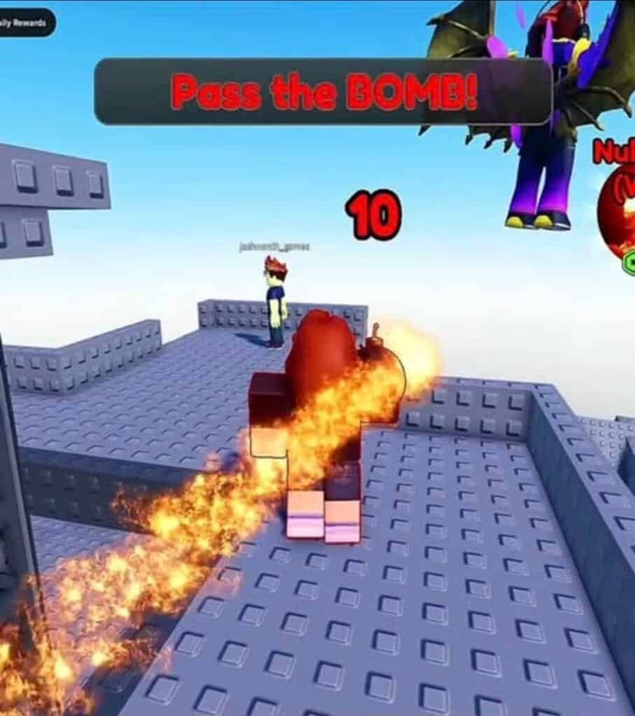 Roblox game scene with fire, character, and 'Pass the BOMB!' text.
