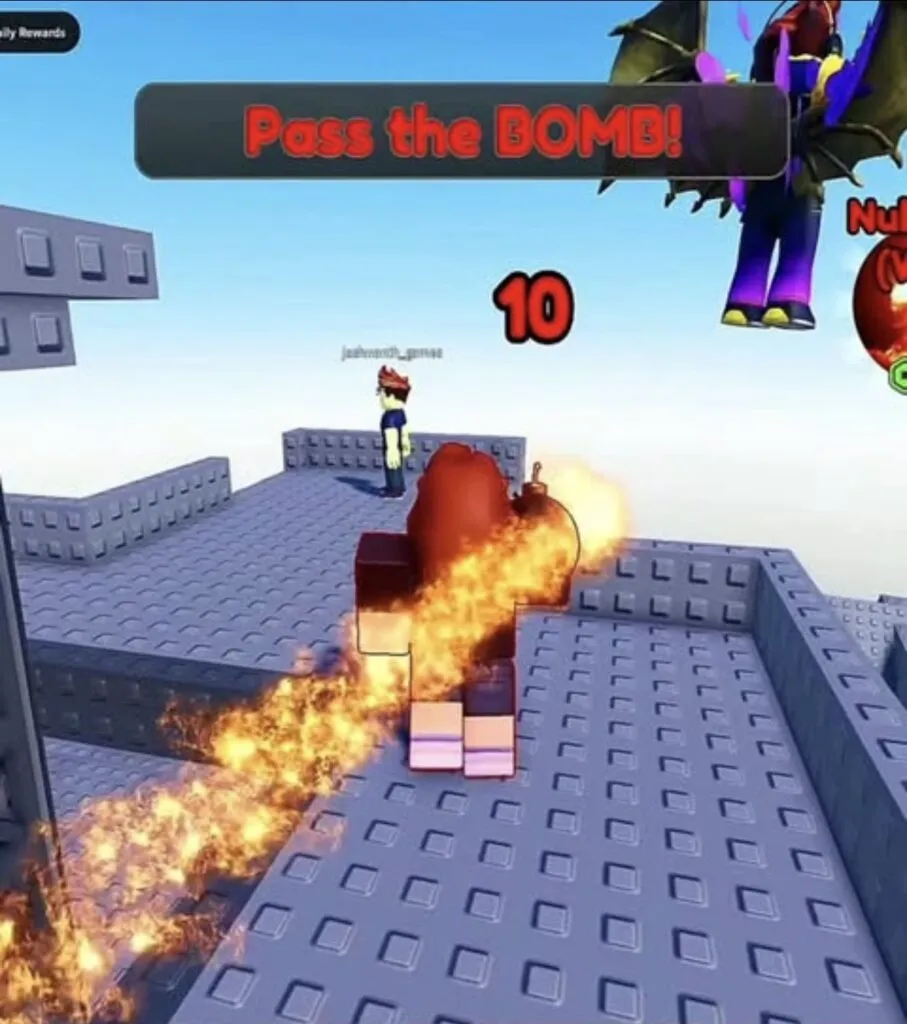 Roblox game scene with fire, character, and 'Pass the BOMB!' text.
